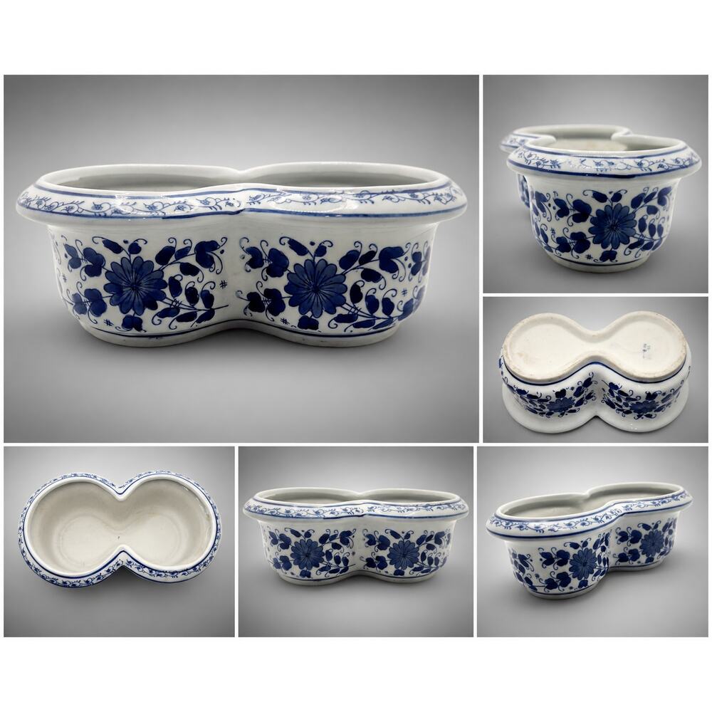 Blue White Porcelain Double Dish Planter Cachepot Floral 9" Japan